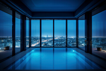 Fototapeta premium A room with a pool with a night view of the big city, Generative AI