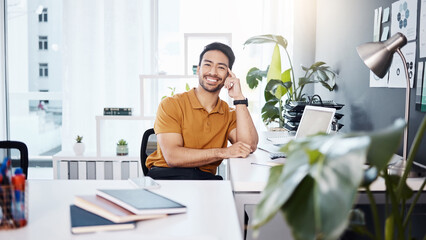 Office smile portrait, business and happy man, bookkeeper or consultant relax after accounting work. Leaning on desk, bookkeeping or Asian person satisfaction with happiness, career growth or success