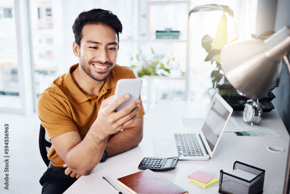 Poster phone communication, office and happy man typing, networking and search website, media app or online