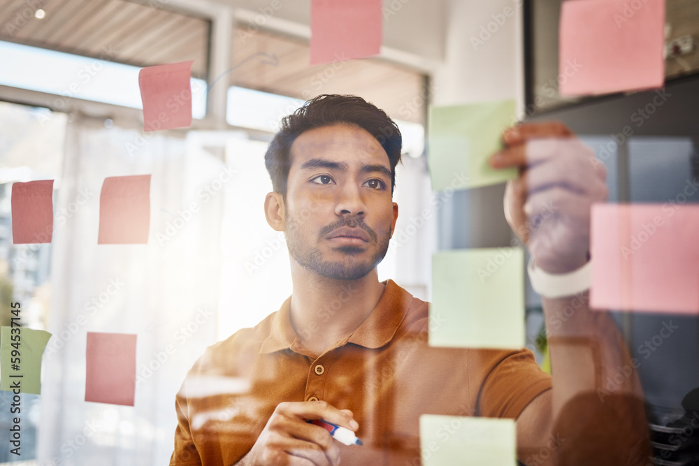 Poster planning, writing and focused man on glass for project management, workflow and business schedule. a