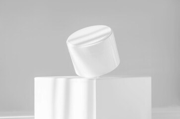 White jar of cream on stand on white background with shadow in form of stripes from rays of sunlight. Mockup concept, corporate identity