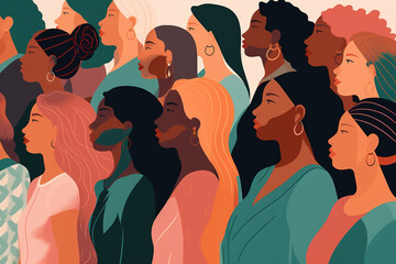 Female beauty, harmony, bodypositive art concept. Group of beautiful women of different races with Vitiligo pigmentation spots on skin, flat illustration. Generative AI