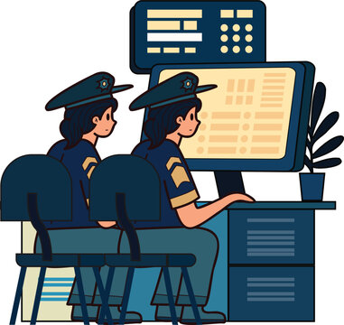 policeman and police station illustration in doodle style