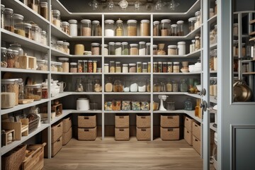 kitchen pantry, filled with neatly organized food and spices, created with generative ai