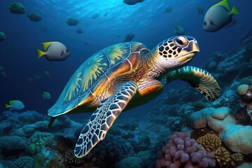 Fototapeta na wymiar turtle swimming through luminescent vibrant colorful coral reef . AI generative