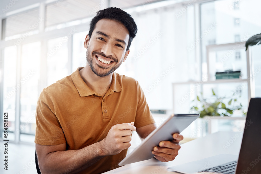 Poster tablet, office portrait and happy man typing web research, customer experience review and search onl