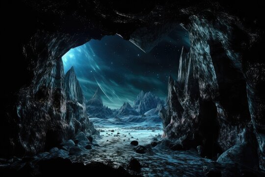frozen cavern, with view of distant stars and galaxies, providing glimpse into the vastness of space, created with generative ai © primopiano