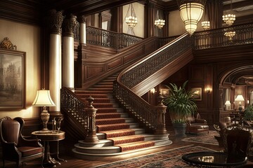 Fototapeta hotel lobby with warm lighting and elegant decor, featuring a grand staircase and an opulent chandelier, generative ai obraz
