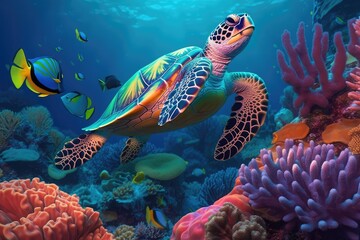 Fototapeta na wymiar turtle swimming through luminescent vibrant colorful coral reef . AI generative