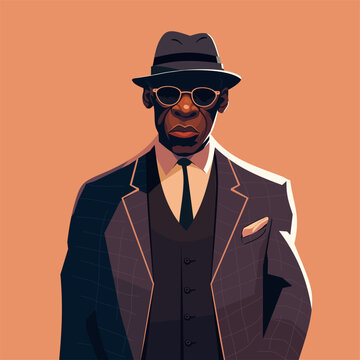 Young black man wearing suit and hat and sunglasses. Retro african american man in hat. Flat color cartoon style portrait poster