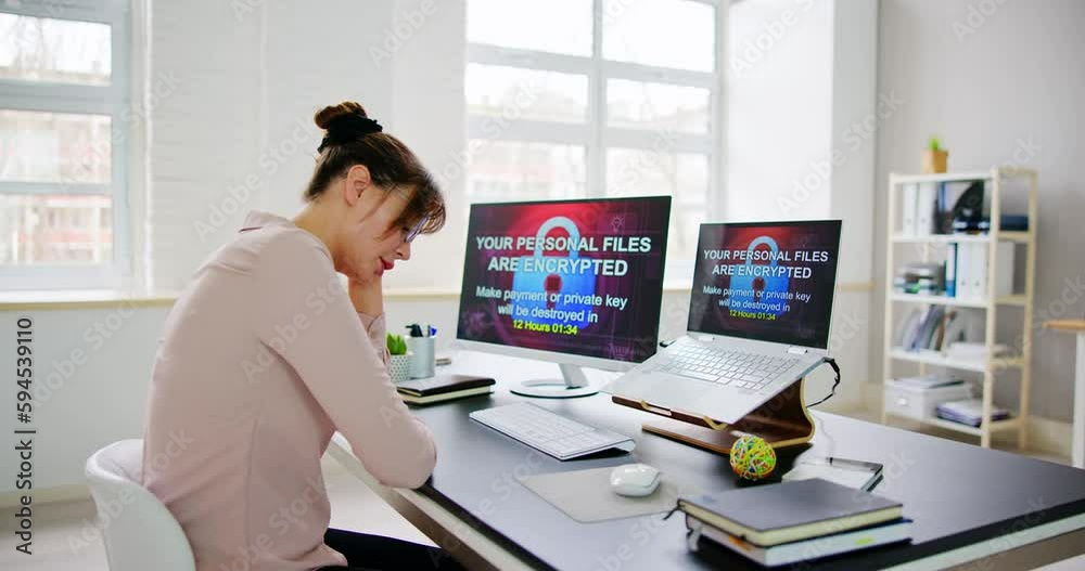 Poster ransomware malware attack. business computer hacked