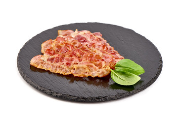 Fried bacon strips, isolated on white background.