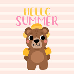 Cute cartoon brown bear in hat. Summer vector illustration for childrens book, poster, t shirt. Hello summer