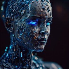 Close up portrait photo of incomplete humanoid android. Generative AI.