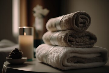 Plakat Soft beige spa towels on a massage bed in a therapy room. Spa room. Spa towels. Generative AI.
