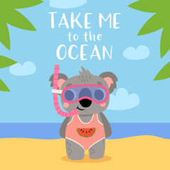 Obraz na płótnie Canvas Cute cartoon baby koala in swimsuit and underwater mask smiling on the beach. Summer vector illustration for childrens book, poster, t shirt