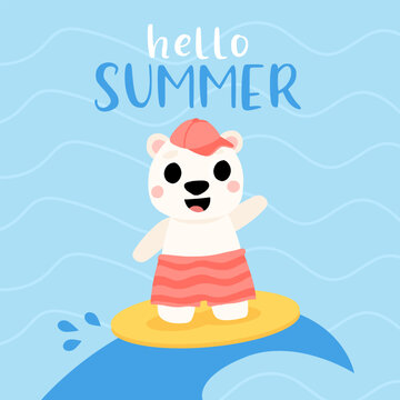 Cute cartoon baby polar bear in hat and swim shorts smiling and surfing on a wave. Summer vector illustration for childrens book, poster, t shirt
