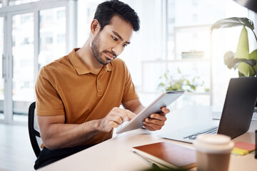 Tablet, office focus and man reading web research, customer experience feedback and online app...