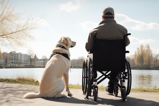 Gentleman wheelchair guide dog. Generate Ai