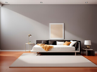 Frame mockup on home interior background, beige room with minimal decor, 3d render, generative AI