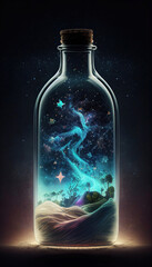 Universe in a glass bottle in a magic night (Generative AI)