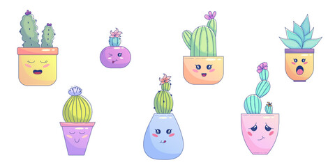 Cute Kawaii Cactus set in pot with face. Cute pastel succulent kawaii smaile. Cactus character in pot. Vector graphic illustration
