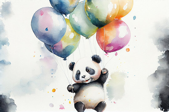 Cute panda bear holding colorful balloons in watercolor (Generative AI)