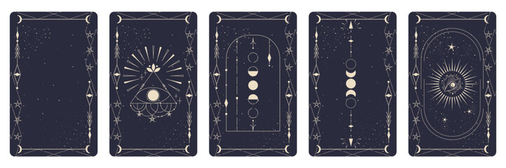 Tarot card set with mystic eye and celestial border. Boho esoteric tarot card with eye and frame. Vector illustration. Sacred geometry celestial triangle - obrazy, fototapety, plakaty