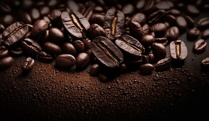 Roasted coffee beans background space for copy space. Roasted coffee beans wallpaper background. Generative AI.