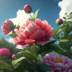 Summer in the sky there are many red pink peonies. 
Peonies red pink flowers. Generative AI.