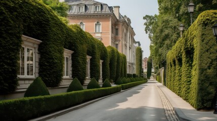 A fancy expensive mansion street with salad hedges. Generative AI.