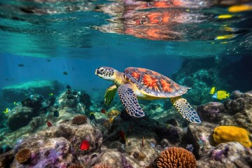 Fototapeta na wymiar baby turtle swimming in clear ocean, surrounded by colorful fish, created with generative ai