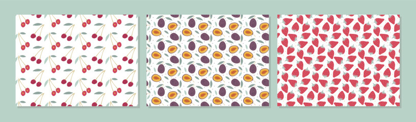 Berry Fruit seamless background collection. Seamless pattern with cherry, plum, strawberry on white background. Backgrounds for textile, wrapping paper, wallpaper, cover design, card, banner, clothes.