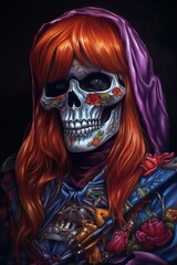 Skull girl with red hair in abstract art portrait. Red hair girl illustration. Generative AI.