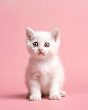 Little cute irresistible white cat ​​on pastel pink background, studio concept, lovely small kitten animal. Illustration, Generative AI.