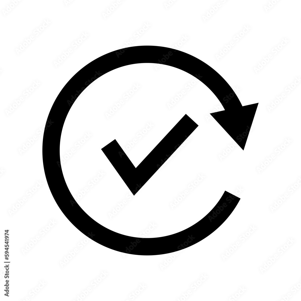 Poster rotated arrow and check mark. progress status. vector.