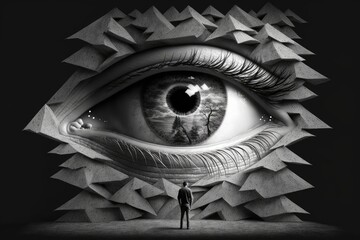 person, hiding from danger, being watched over by all-seeing eye, created with generative ai