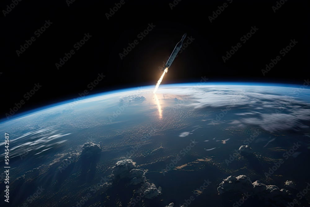 Sticker view of the earth, with rocket launch visible in the sky, created with generative ai