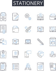 Stationery line icons collection. Paper goods, Writing tools, Office supplies, Pen set, Desk accessories, Correspondence items, Writing materials vector and linear illustration. School supplies,Art