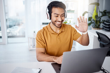 Video call, computer and headphones of man in work from home office for webinar or virtual meeting, online and talking. Happy Asian person waves hello on his laptop or pc in client chat for business © C.M./peopleimages.com