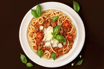 Spaghetti Bolognese with Parmesan and Basil Top View. Generative AI