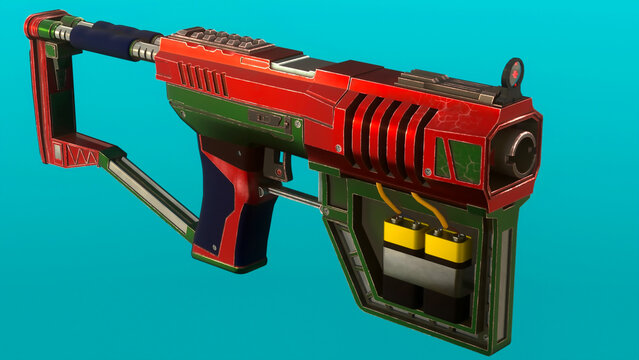3d-illustration, 3d-render: low poly model of a cyberpunk weapon from the future. Lethal pistol isolated on blue background. Red gun is in a military style.