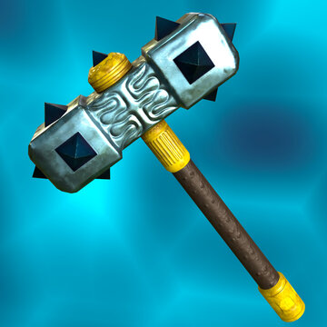 3d-illustration, 3d-render: antique deadly weapon. A medieval iron hammer with sharp spikes. A tool with a heavy metal head mounted at right angles at the end of a wooden handle.