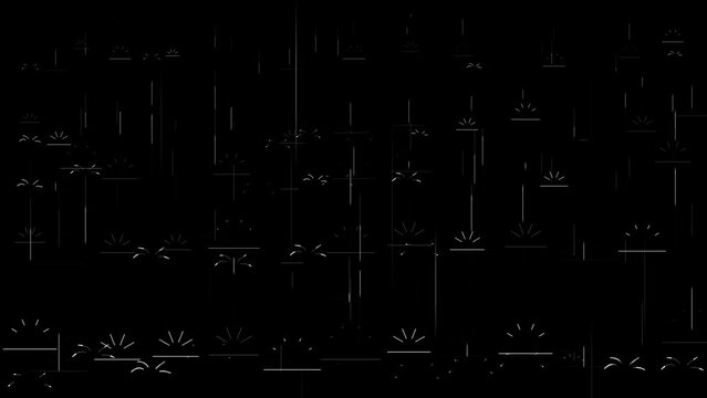 Minimalist rain animation with falling rain drops and water splash. White rain drops on black background, loop-able video animation with rainfall
