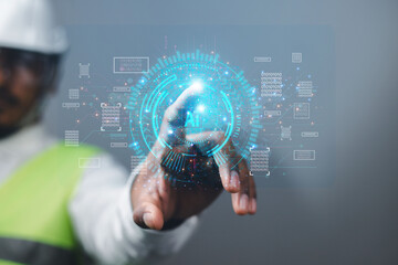 Businessman showing artificial intelligence (AI) brain function in futuristic business and...