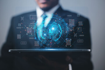 Businessman showing artificial intelligence (AI) brain function in futuristic business and cryptographic software development on internet.
