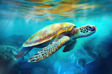 Fototapeta premium Sea Turtle Under a Tropical Colorful Clear Sea, Generative AI