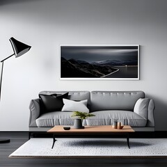 Poster, Painting, or Photo Mock-Up with Moody Lighting in Modern Home, Light Gray Furniture and Modern Finishes, White Matte Mock-up Canvas created with generative AI