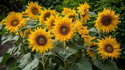 Fototapeta na wymiar A cluster of vibrant yellow sunflowers with green leaves. AI generated