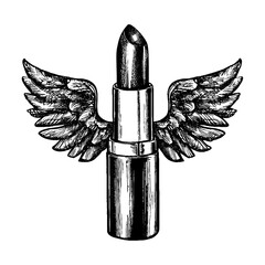 lipstick with wings vintage hand drawn illustration  - obrazy, fototapety, plakaty